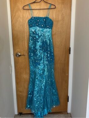 Panoply Teal Sequin Spaghetti Strap Prom Gown